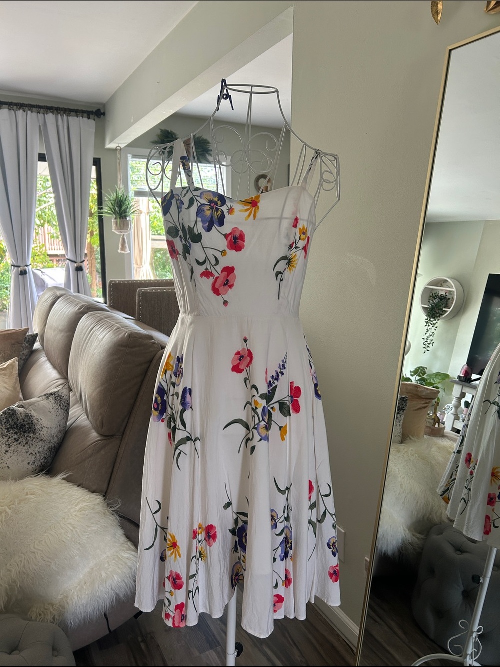 Old Navy White Floral Midi Sundress with Pink, Purple & Yellow Flowers